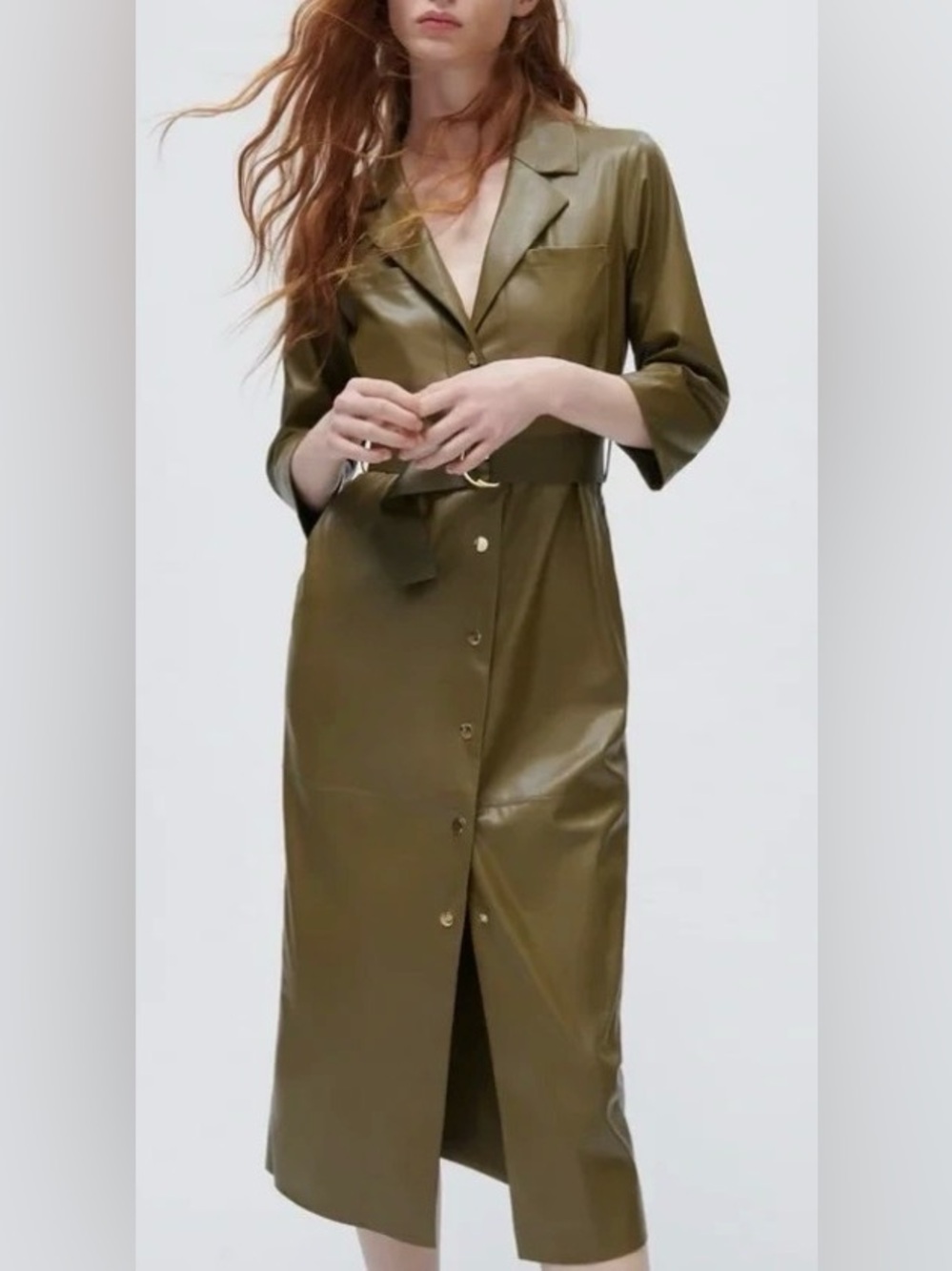 Zara Olive Green Faux-Leather Midi Shirt Dress